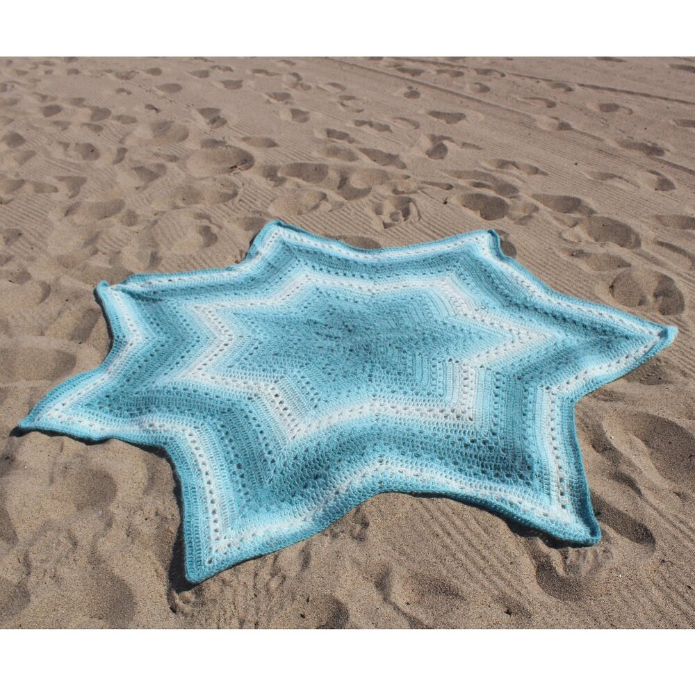 Handmade Crochet Star Blanket Throw Super Soft Ombre Blue Aqua White 84" x 84"